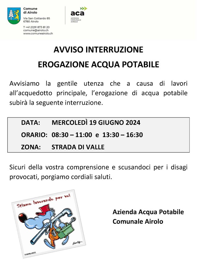 Avviso interruzione erogazione dell'acqua potabile