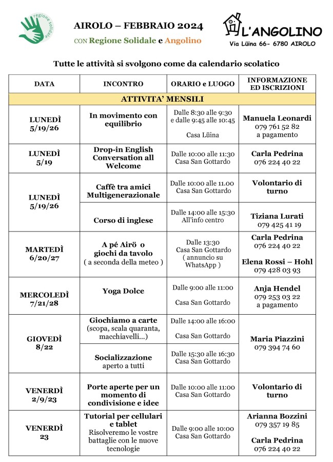 Regione Solidale e Angolino - Programma febbraio 2024